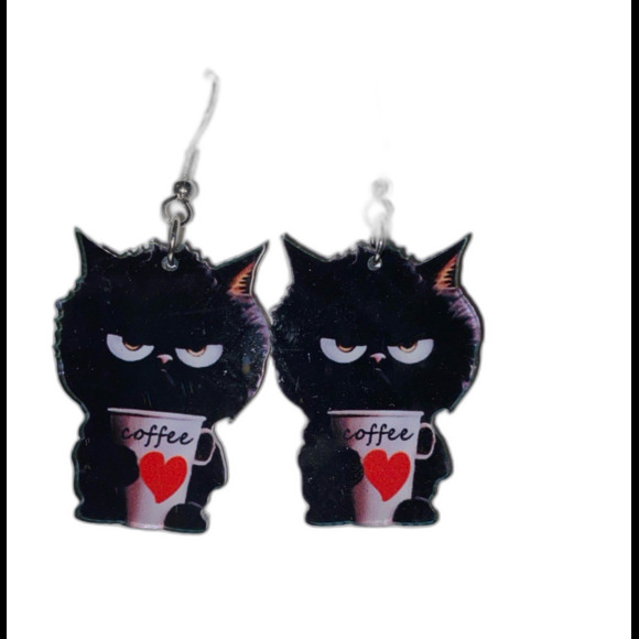 Jewelry - Earrings Black Crabby Coffee‎ Cat Cartoon Whimsical Kitty Acrylic Lightweight